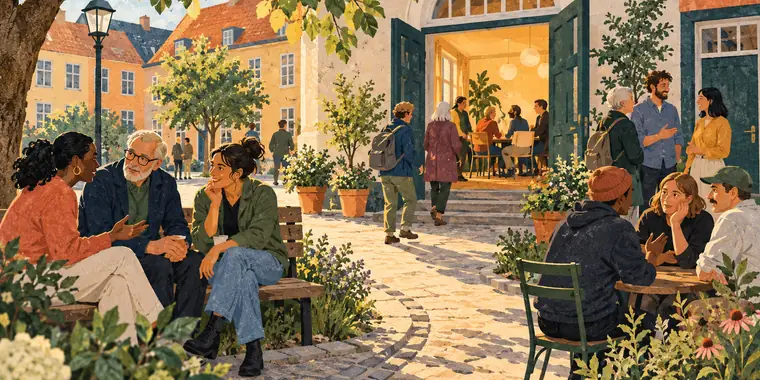 Et torv, hvor folk taler sammen på bænke og ved caféborde foran et åbent forsamlingshus.