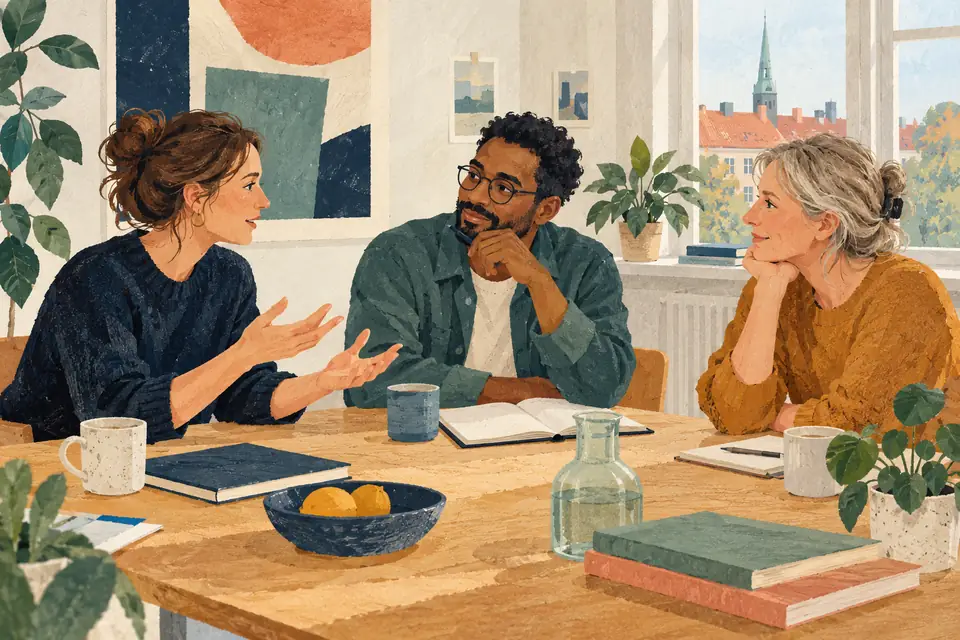 Tre personer taler sammen ved et bord med kaffekopper og bøger.